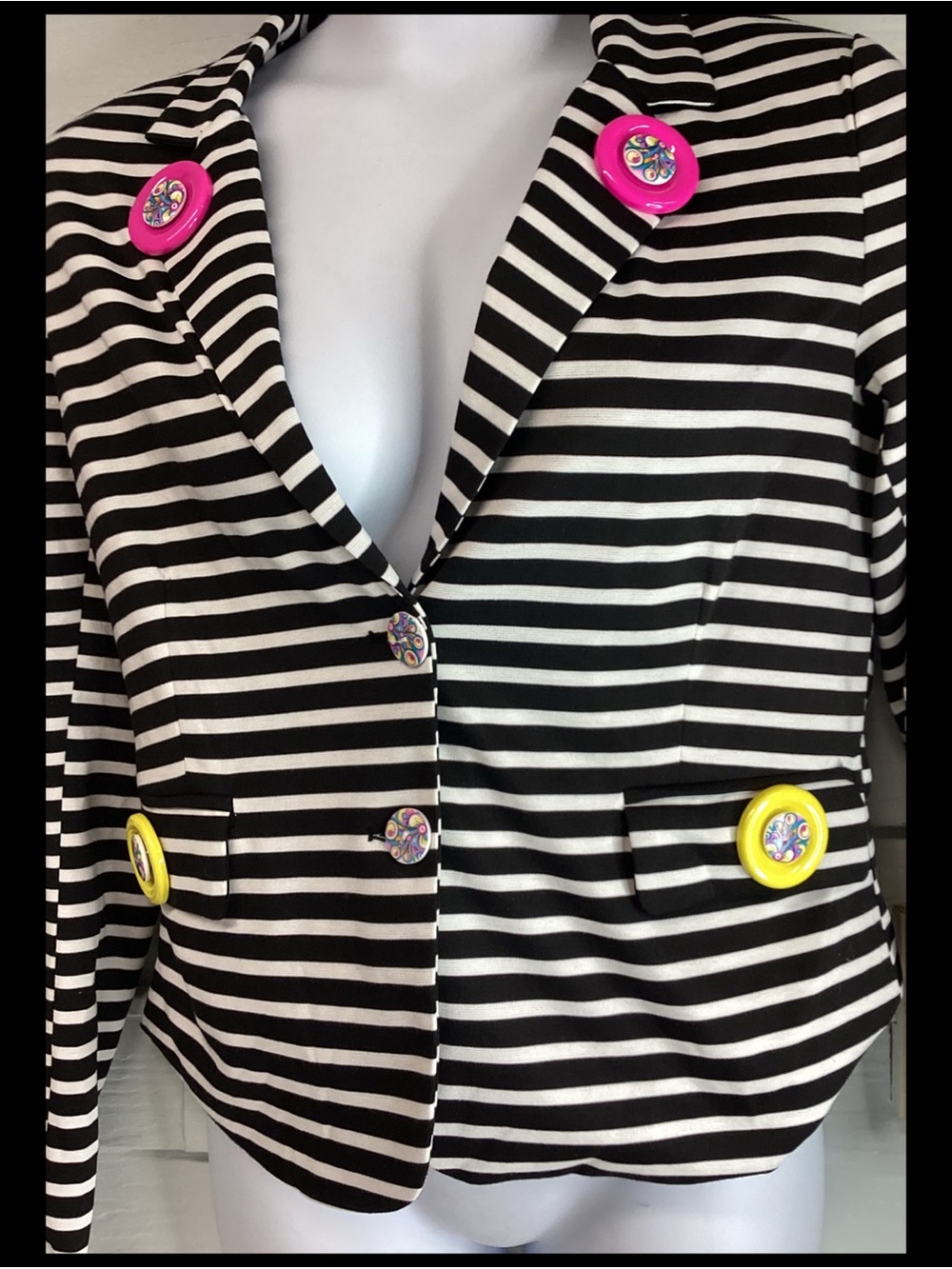 Allegra K Black & White Striped Blazer with Pink and Yellow Accent Buttons 76
